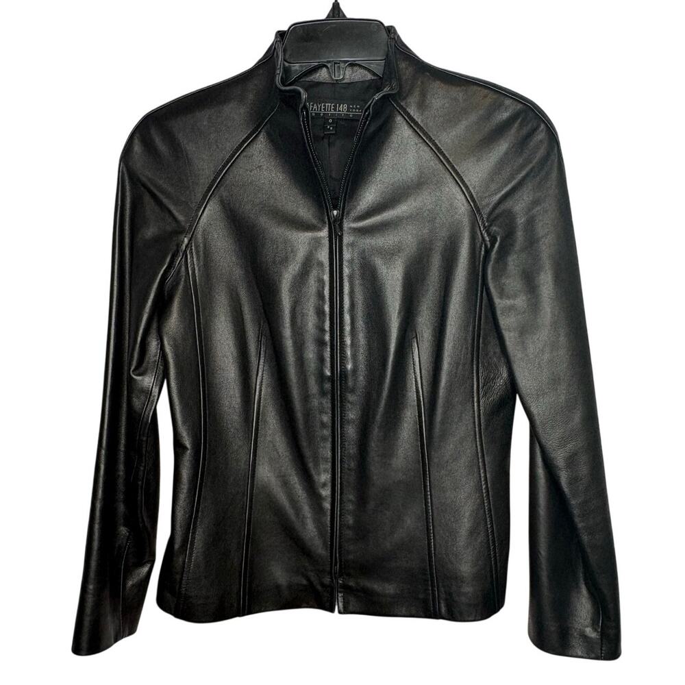 Lafayette 148 Black 100% Leather Fitted Soft Edgy Luxury Jacket Size 0 Petite